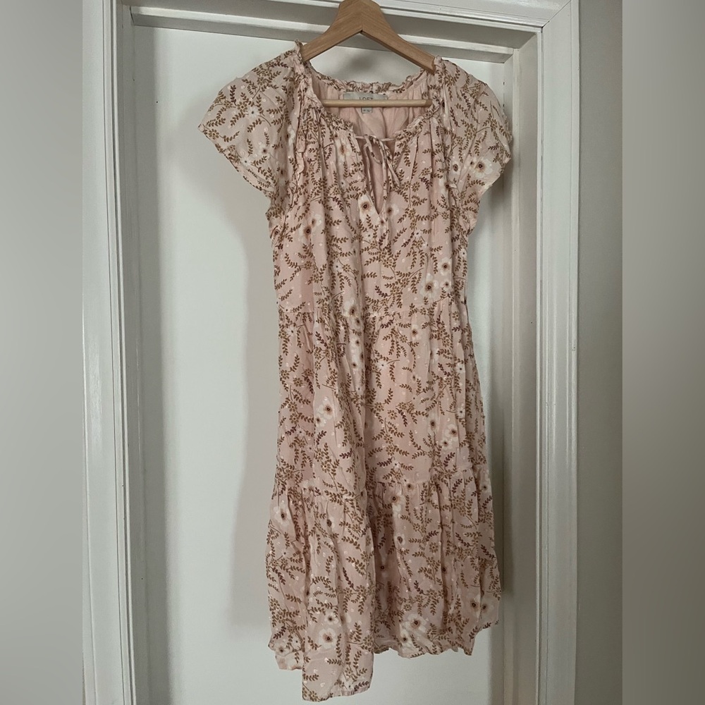 Elegant Loft Mini Dress in Soft Pink, Brown, Cream Florals